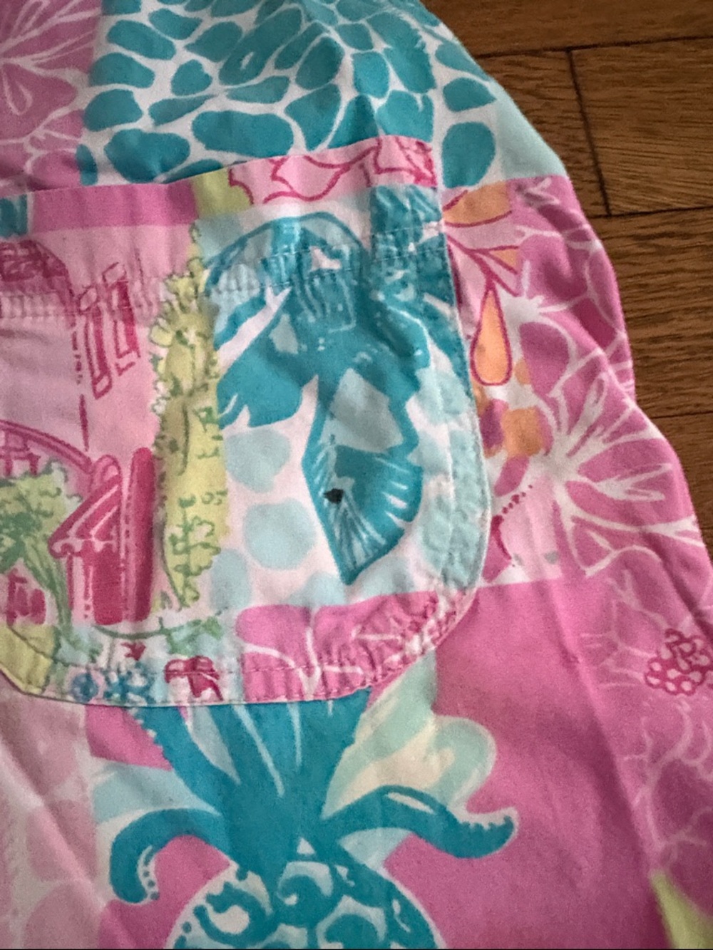 Lilly Pulitzer Pink & Aqua Patchwork Short Overalls - Picture 3 of 4